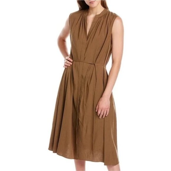 Vince Linen Blend Shirred Sleeveless A-Line Midi Dress Minimalist Brown Medium - Picture 9 of 9